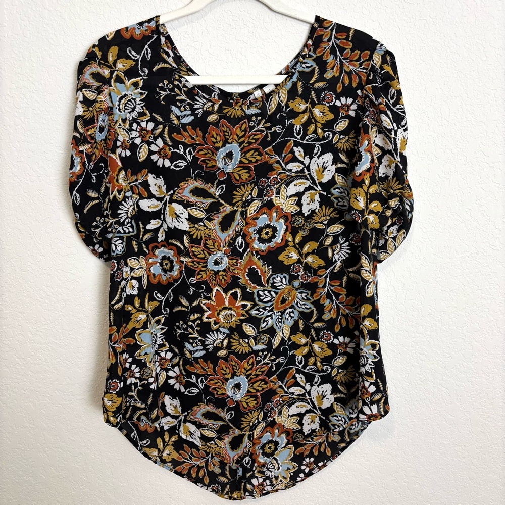 Est 1946 Black Moody Floral Short Sleeve Blouse Top Women’s Large Fairy Boho
